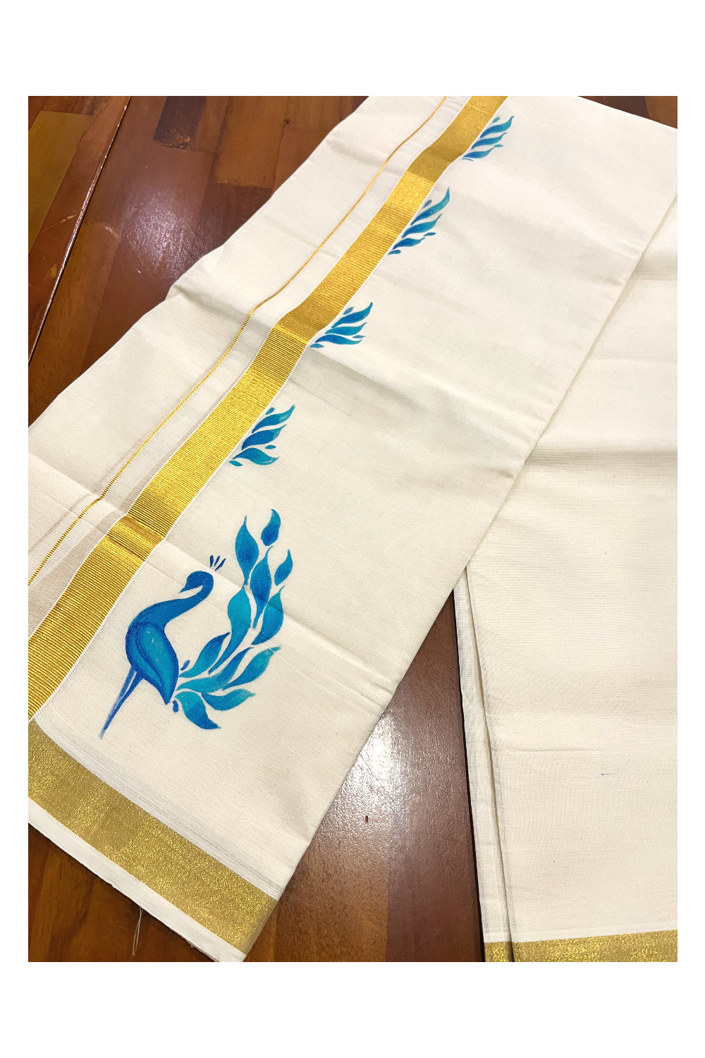 Kerala Pure Cotton Double Mundu with Blue Peacock Mural Painted Design on Kasavu Border (South Indian Kerala Dhoti)