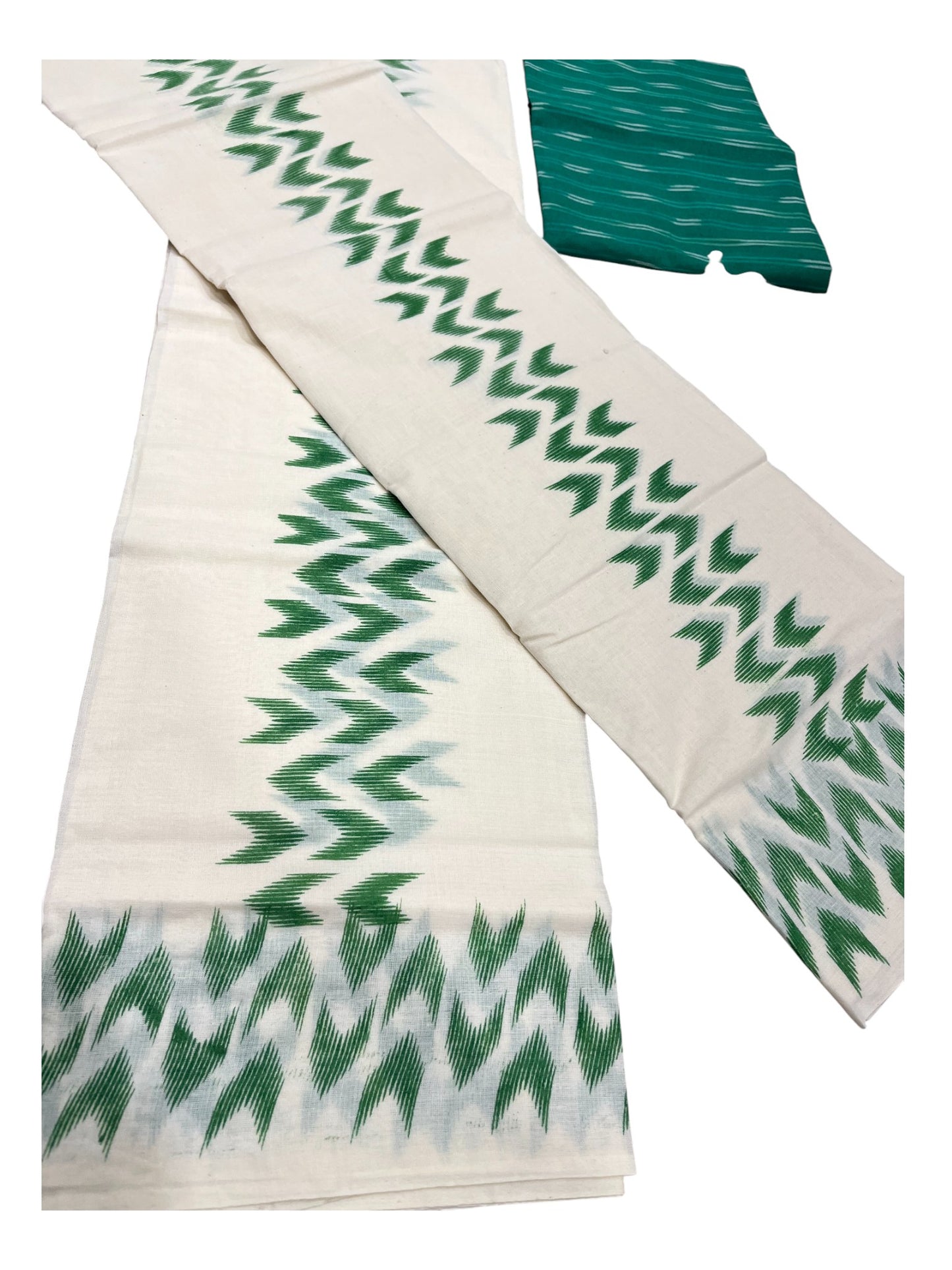 Southloom Ikat Design Green Printed Set Mundu with Blouse Piece 2.80Mtrs