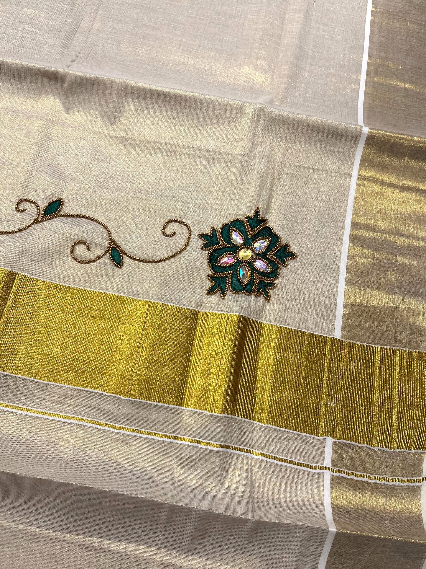 Southloom Kerala Tissue Kasavu Saree with Embroidery and Sequins Work