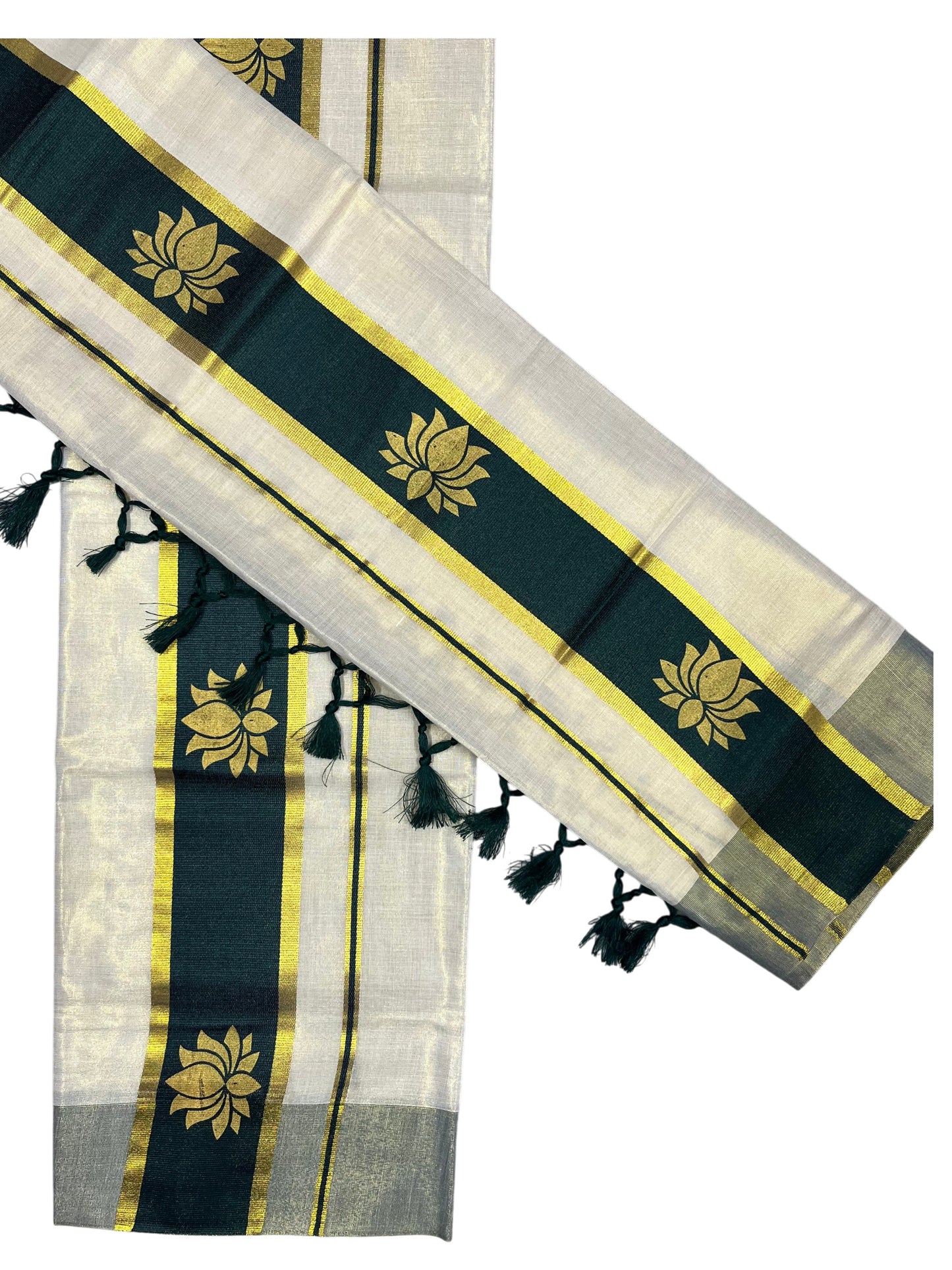 Southloom Kerala Cotton Kasavu Single Set Mundu (Mundum Neriyathum) with Lotus Design in Green