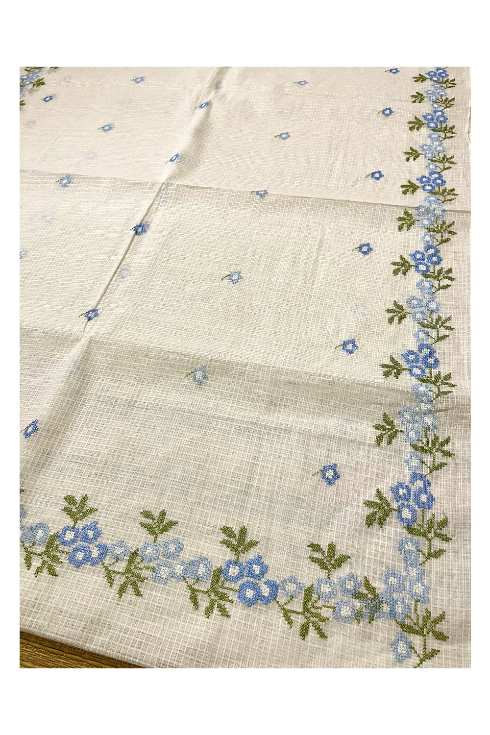 Southloom Net Kota Pure White Saree with Blue Green Woven Works on Border (2023 Christmas Special Saree)