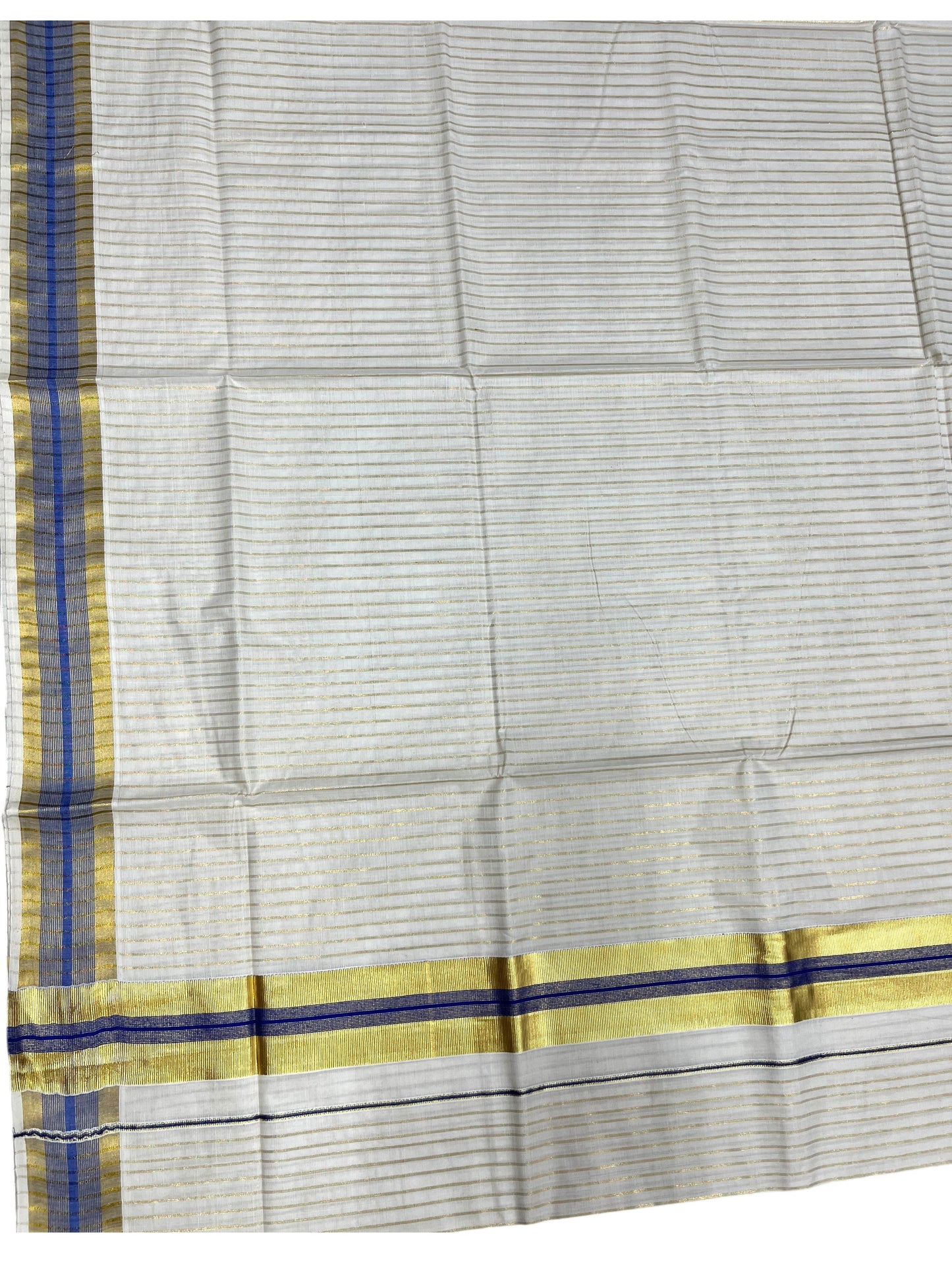 Southloom Pure Cotton Kerala Kasavu Lines Design Saree with Blue Border