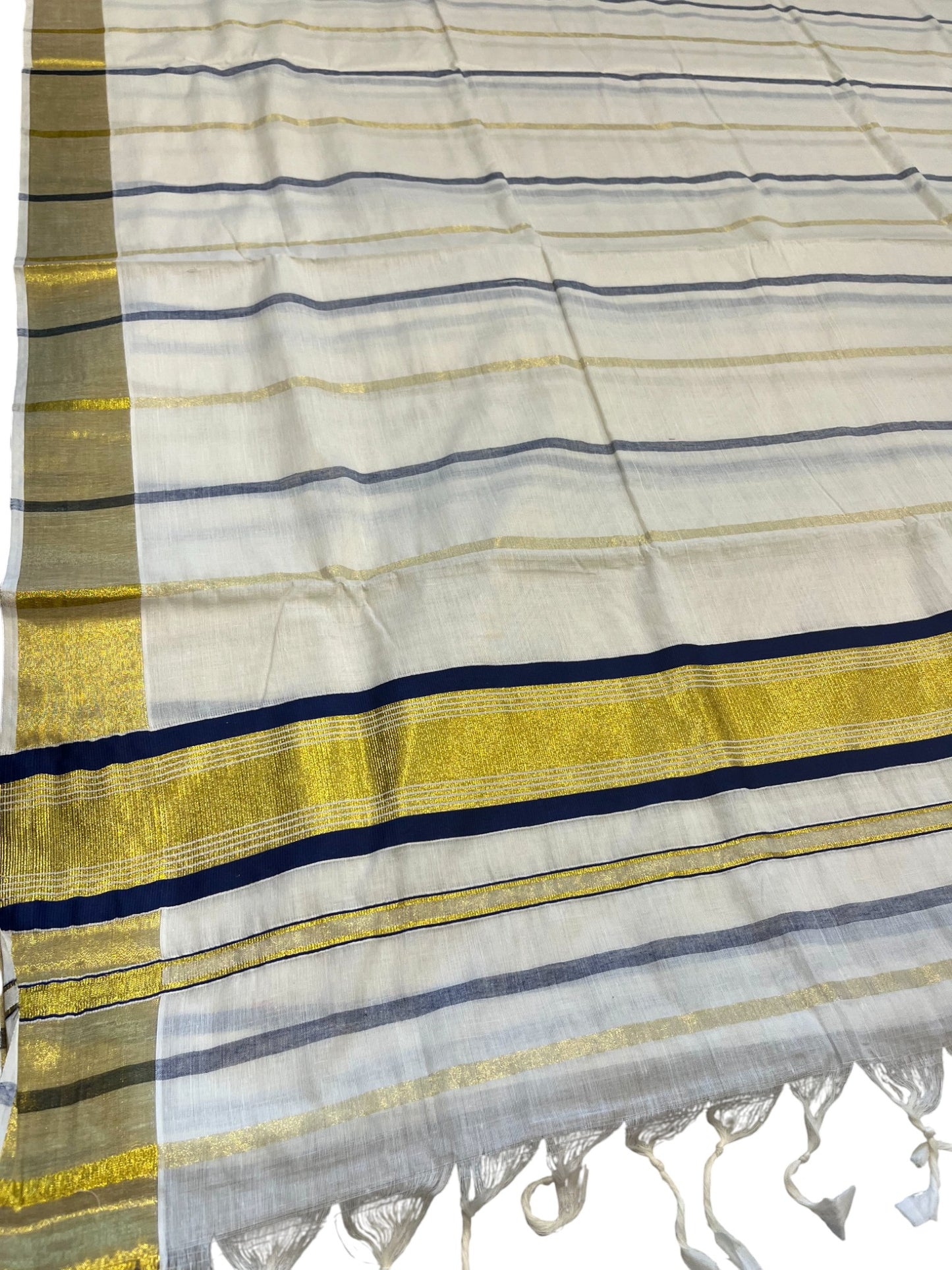 Southloom Kerala Cotton Kasavu Saree with Gold And Blue Lines on Body