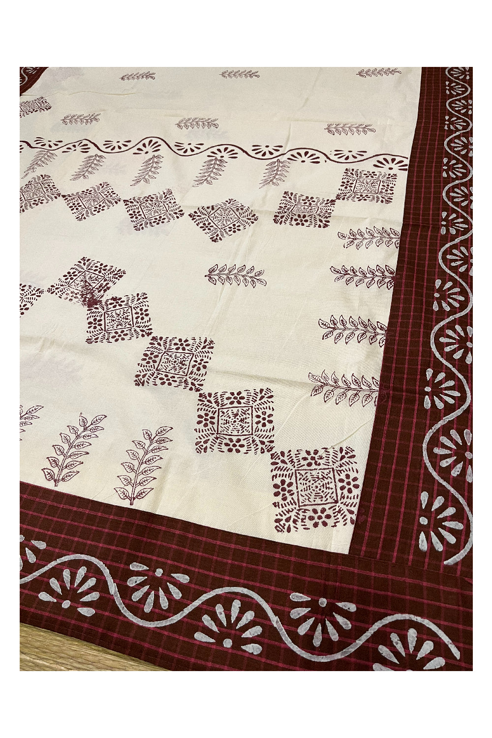 Pure Cotton Onam 2023 Kerala Saree with Hand Block Maroon Batik Prints