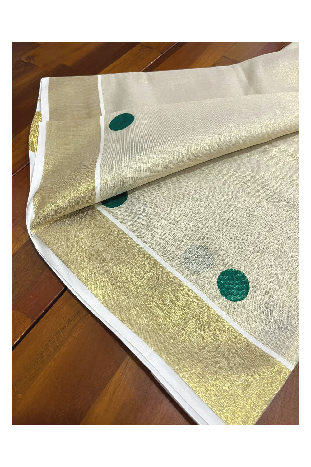 Kerala Tissue Kasavu Set Mundu (Mundum Neriyathum) with Green Polka Designs 2.80 Mtrs (Onam Set Mundu 2023)