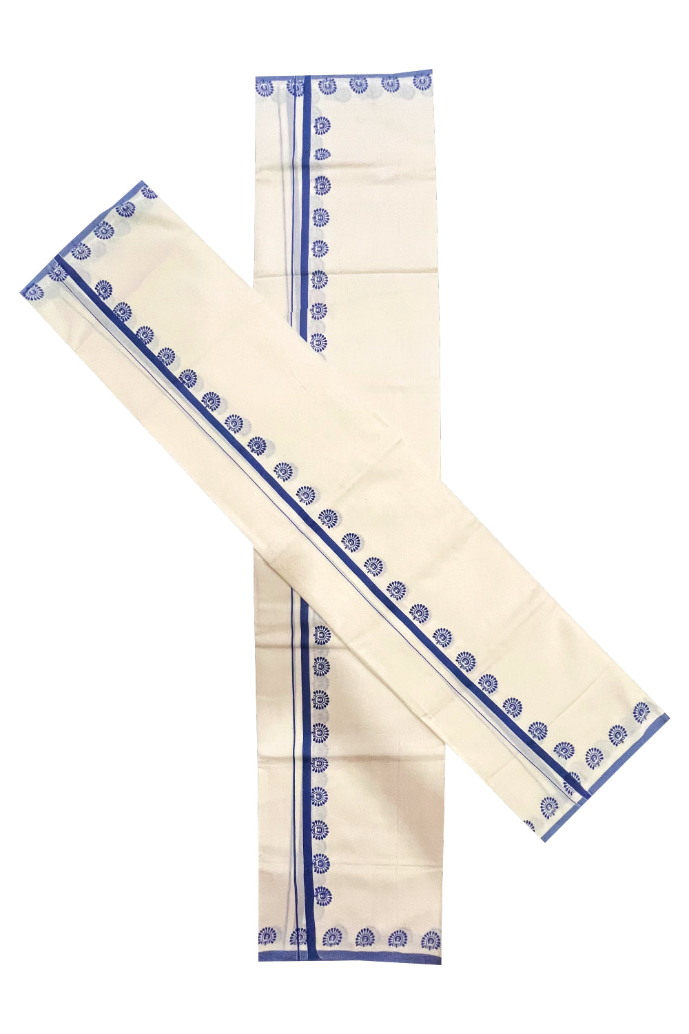 Kerala Pure Cotton Set Mundu Single (Mundum Neriyathum) with Blue Block Prints