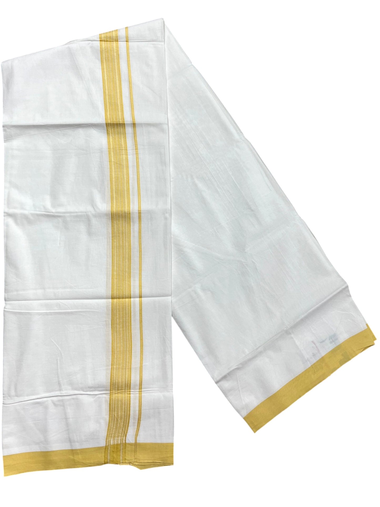 Southloom Pure White Cotton Mundu with Yellow Lines Border (South Indian Kerala Dhoti)