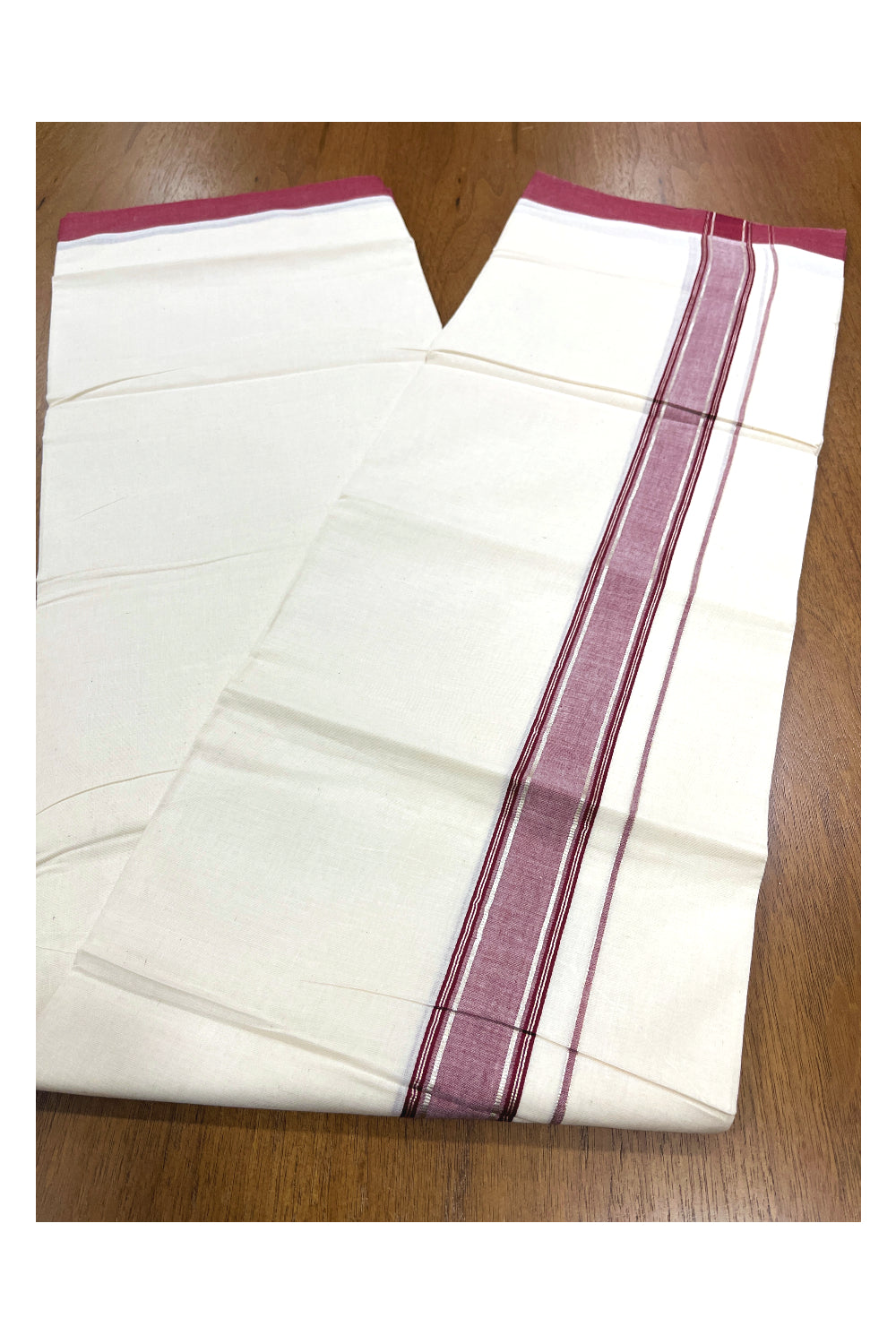 Pure Cotton Double Mundu with Silver Kasavu and Maroon Border (South Indian Kerala Dhoti)