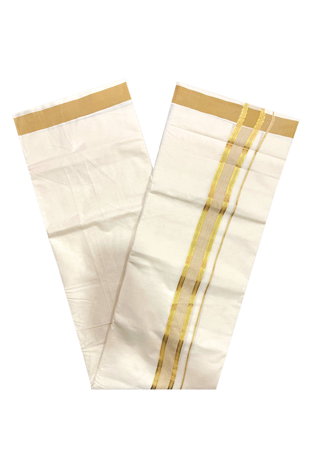 Kerala Pure Cotton Double Mundu with Light Brown and Kasavu Border (South Indian Kerala Dhoti)