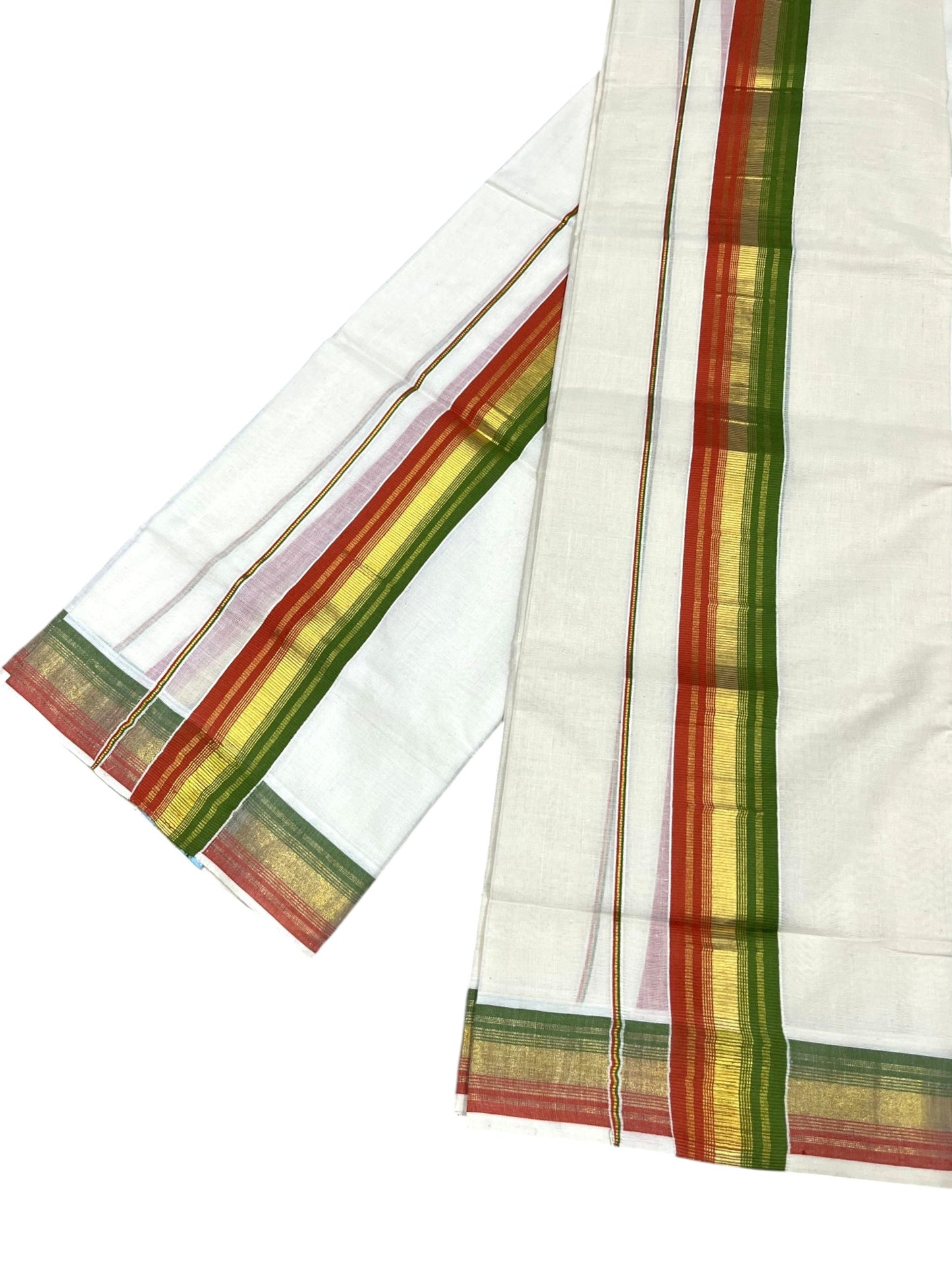 Southloom Kerala Cotton Kasavu Single Set Mundu (Mundum Neriyathum) with Orange and Olive Green Kasavu Border SLKK SL480