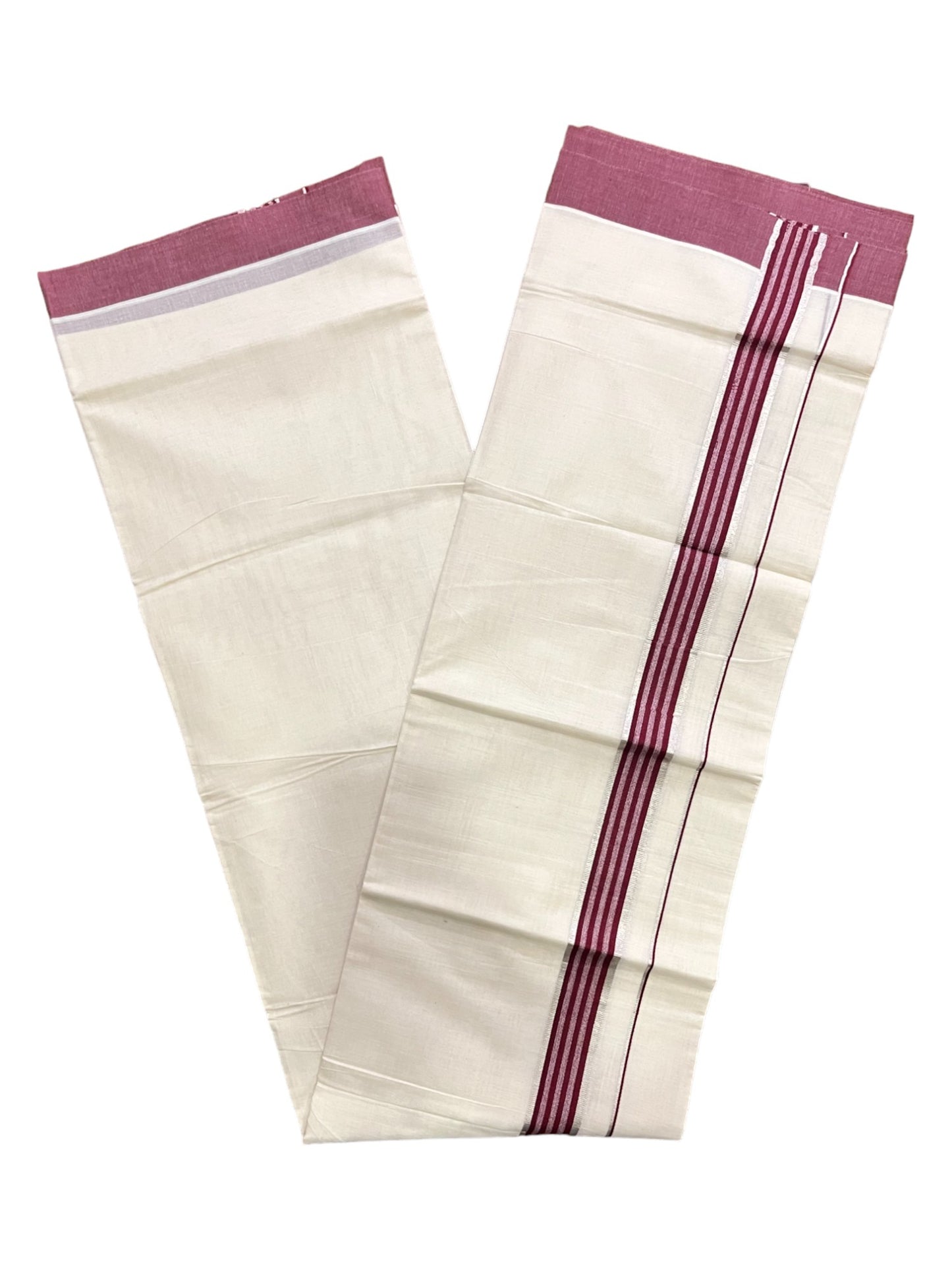 Kerala Pure Cotton Double Mundu with Silver Kasavu and Maroon Border (Vishu 2024 Collection)