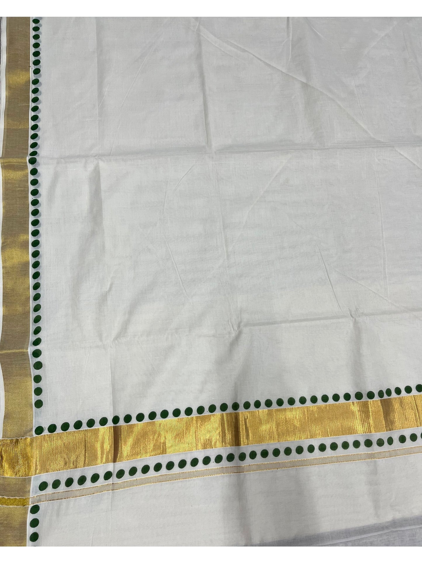 Southloom Cotton Kerala Kasavu Saree with olive Green Polk Dots Design Border