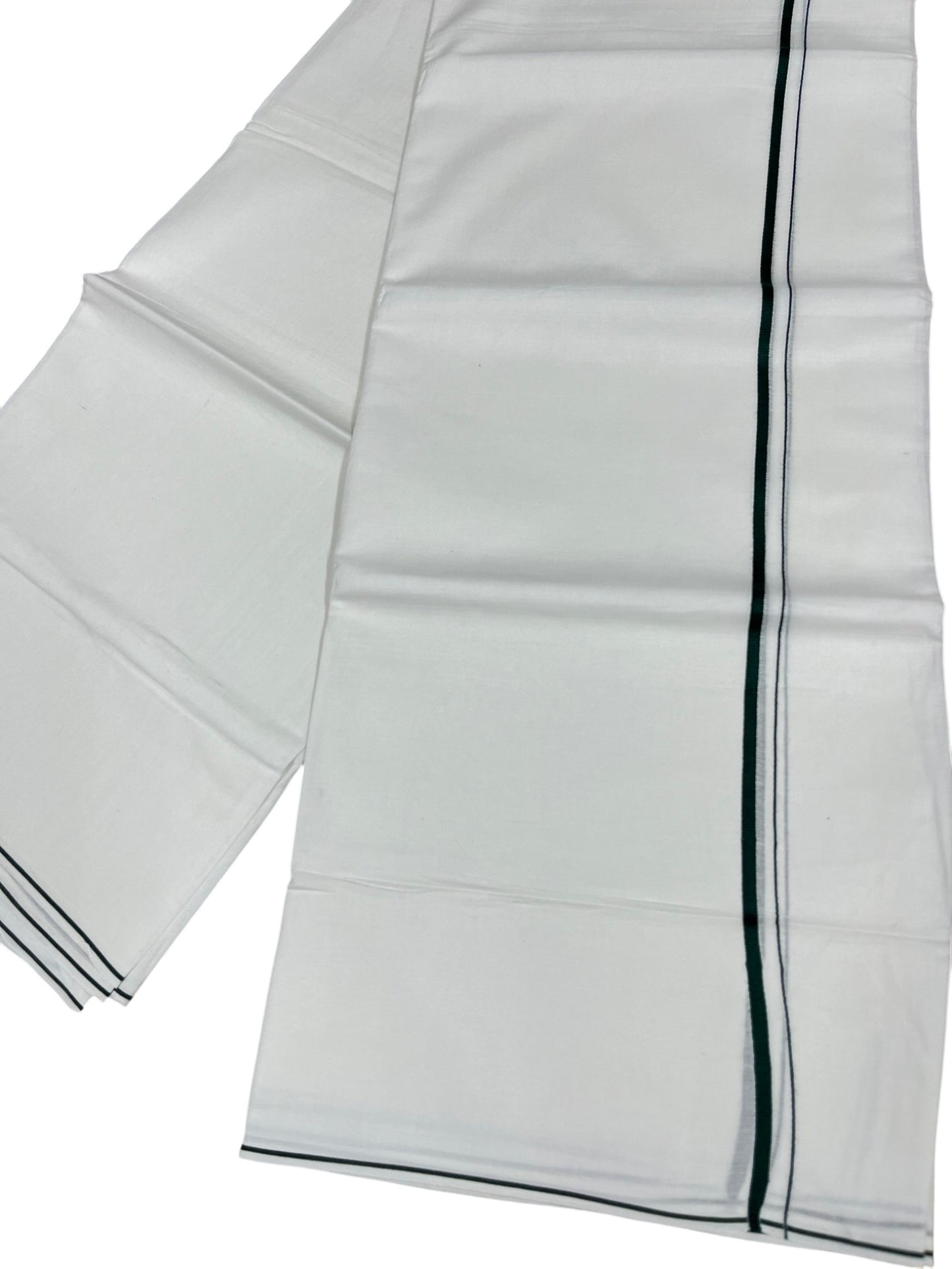 Southloom Pure White Cotton Double Mundu with Green Puliyilakkara (South Indian Dhoti)
