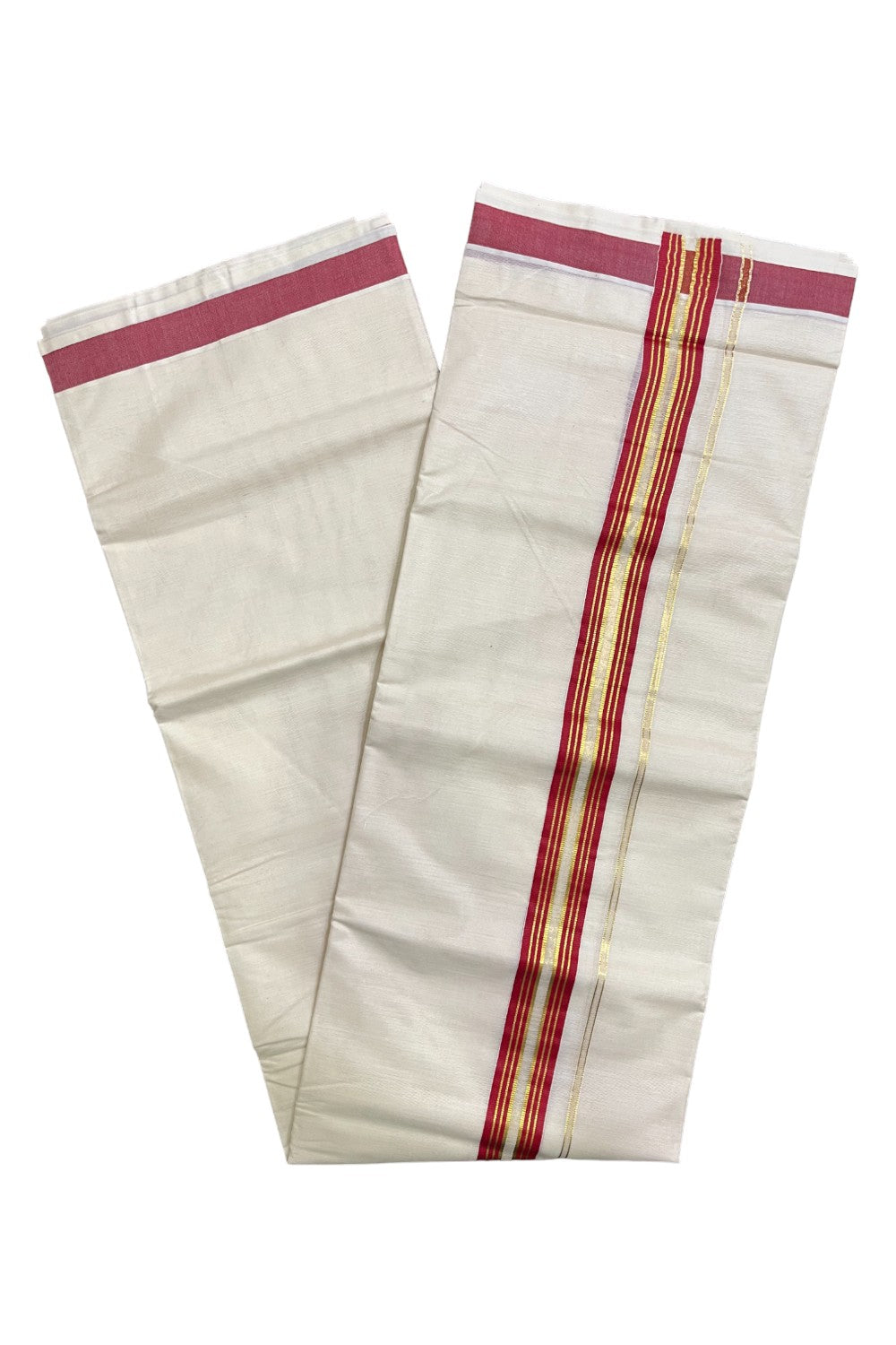 Kerala Pure Cotton Double Mundu with Red and Kasavu Lines Border (South Indian Kerala Dhoti)