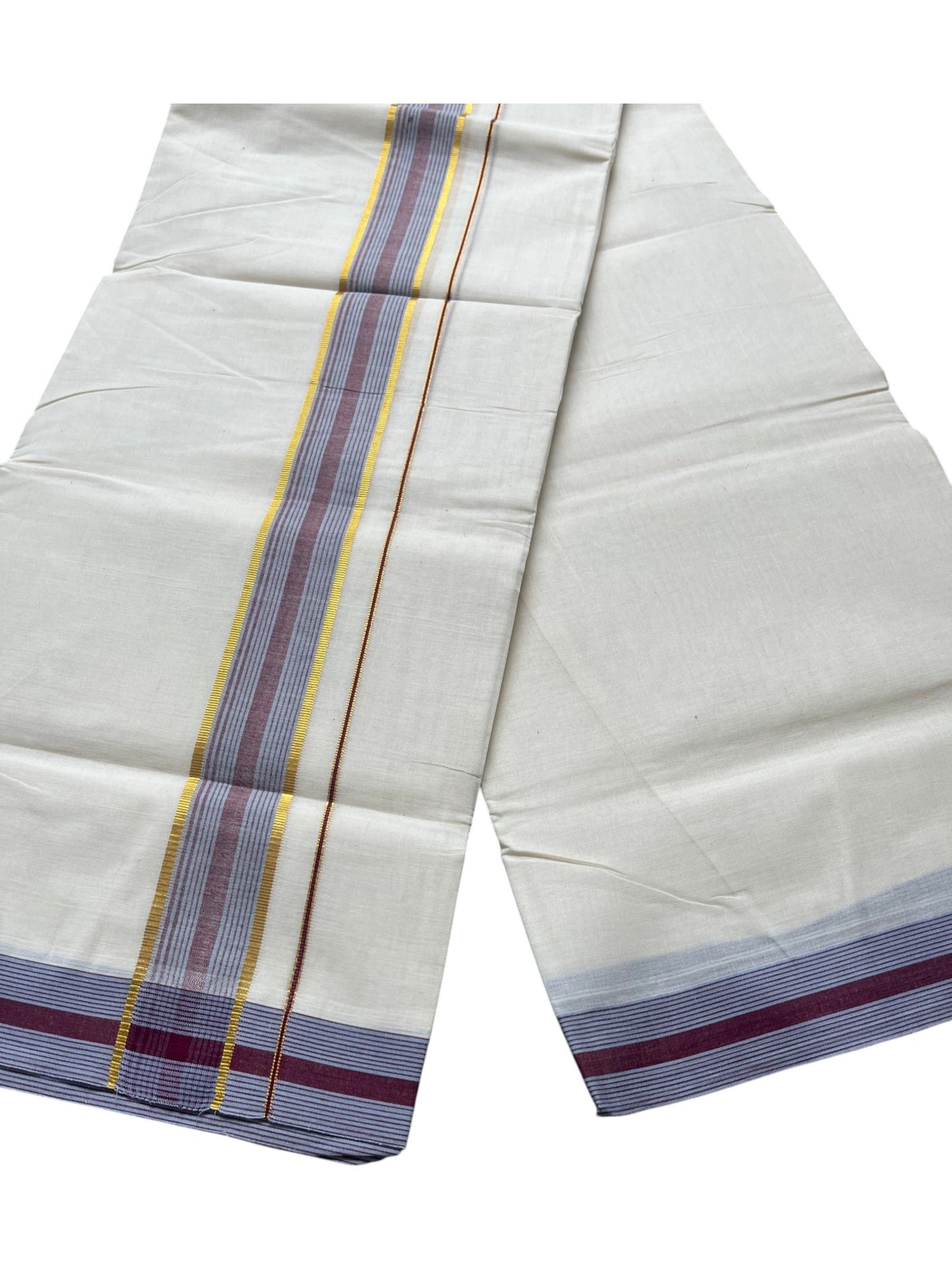 Southloom Pure Cotton Mundu with Golden Lines and Border (South Indian Kerala Dhoti)