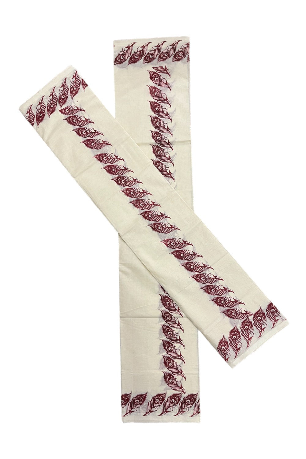 Kerala Pure Cotton Set Mundu Single (Mundum Neriyathum) with Maroon Feather Block Printed Border