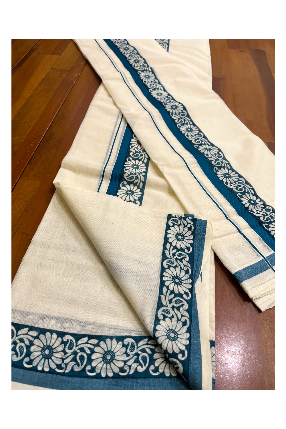 Kerala Cotton Kasavu Single Set Mundu (Mundum Neriyathum) with Blue Kara and  Block prints (Onam 2024 Collection)