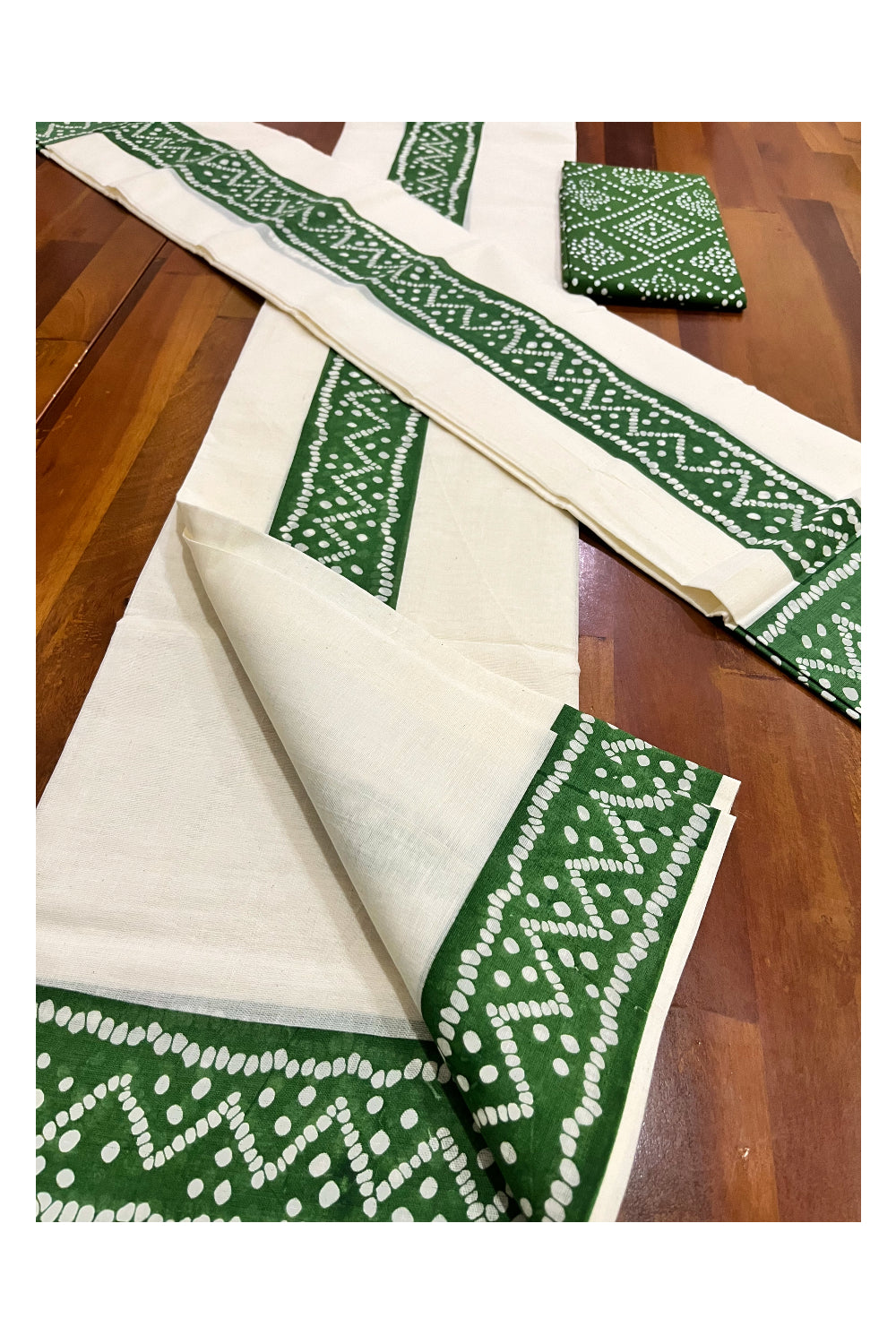 Kerala Cotton Set Mundu (Mundum Neriyathum) with Green Block Prints and Seperate Blouse Piece