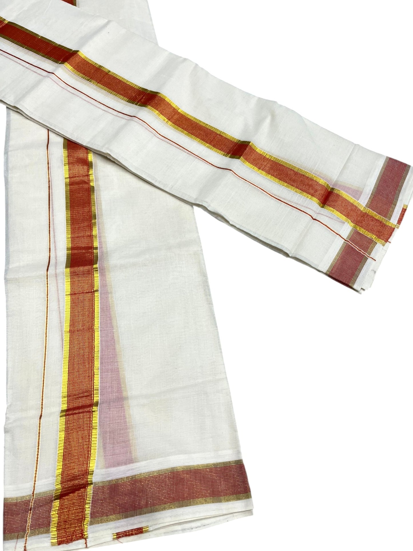 Southloom Pure Cotton Kerala Kasavu Set Mundu (Mundum Neriyathum) Kasavu & Orange Border in 2.80 Mtrs SLKK SL470