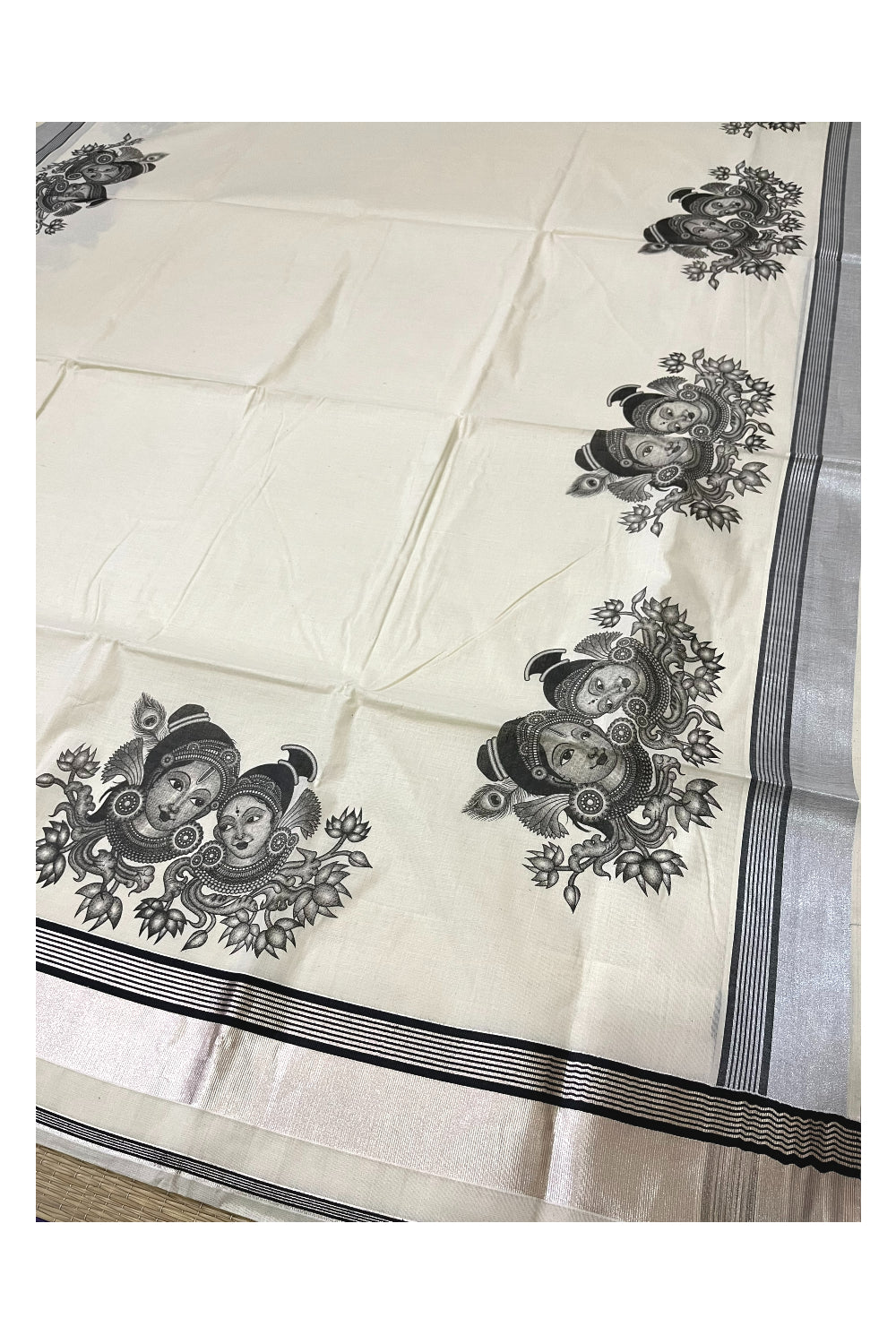 Pure Cotton Kerala Silver Kasavu Saree with Krishna Radha Face Mural Prints and Black Border (Onam Saree 2023)