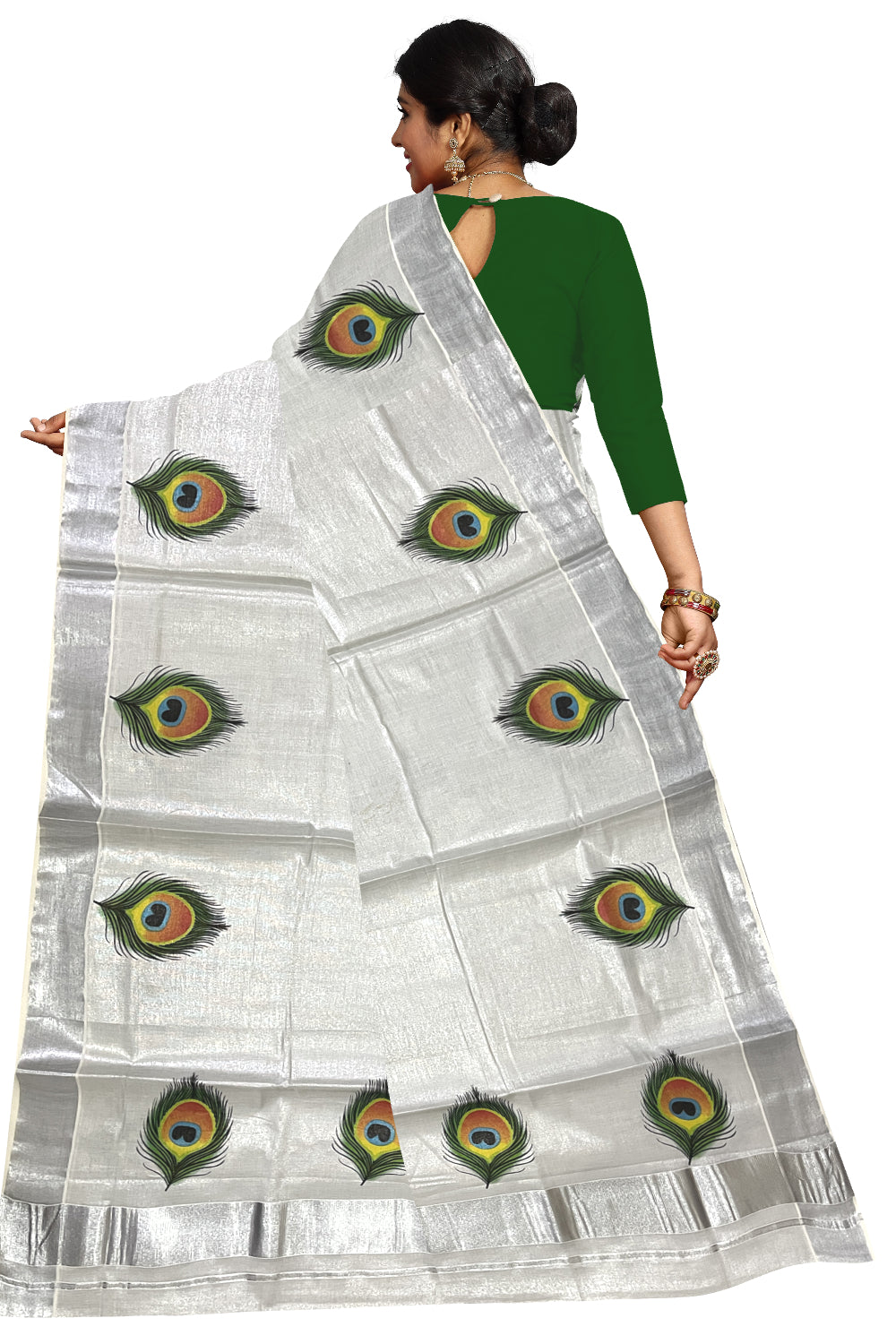 Kerala Silver Tissue Kasavu Saree with Feather Mural Printed Design