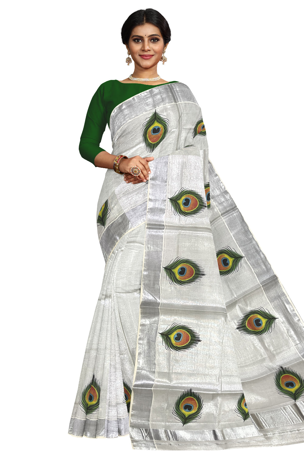 Kerala Silver Tissue Kasavu Saree with Feather Mural Printed Design