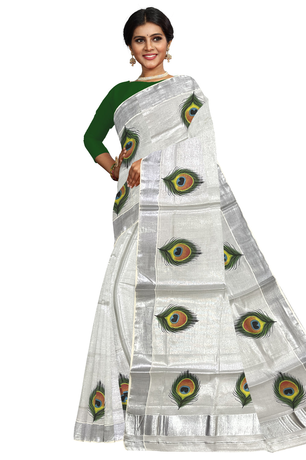 Kerala Silver Tissue Kasavu Saree with Feather Mural Printed Design