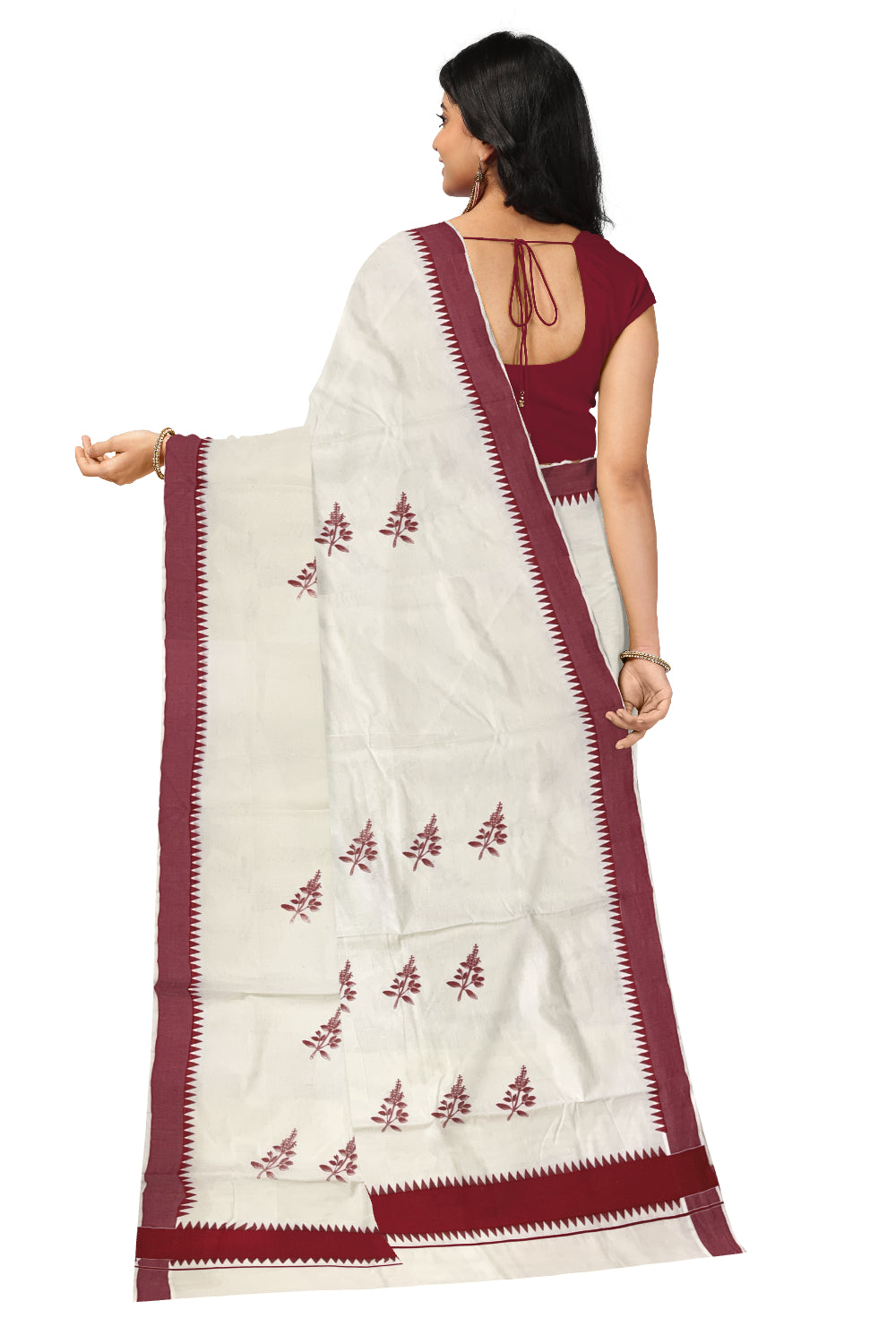 Kerala Pure Cotton Saree with Red Temple Border and Thulasi Kathir Block Prints on Body