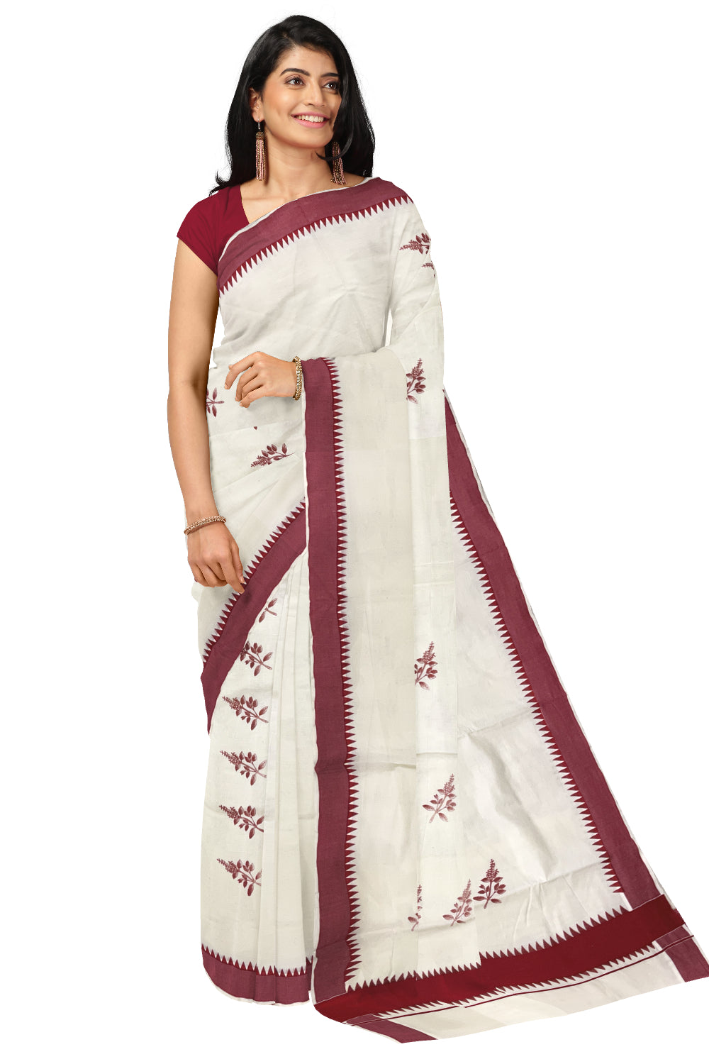 Kerala Pure Cotton Saree with Red Temple Border and Thulasi Kathir Block Prints on Body