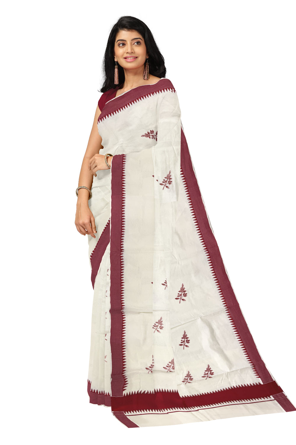 Kerala Pure Cotton Saree with Red Temple Border and Thulasi Kathir Block Prints on Body