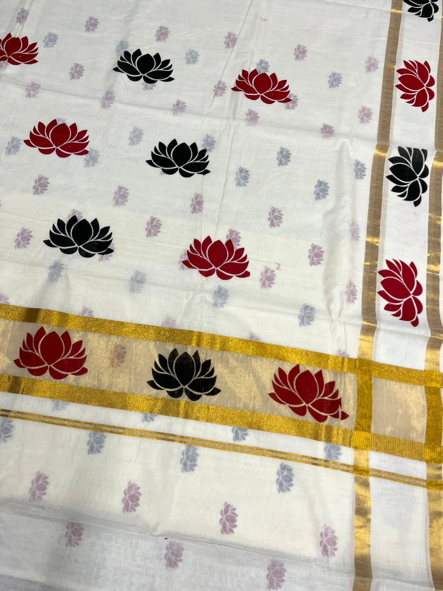 Southloom Cotton Kerala Kasavu Saree with Lotus Block Prints on Body and Border in Black and Maroon