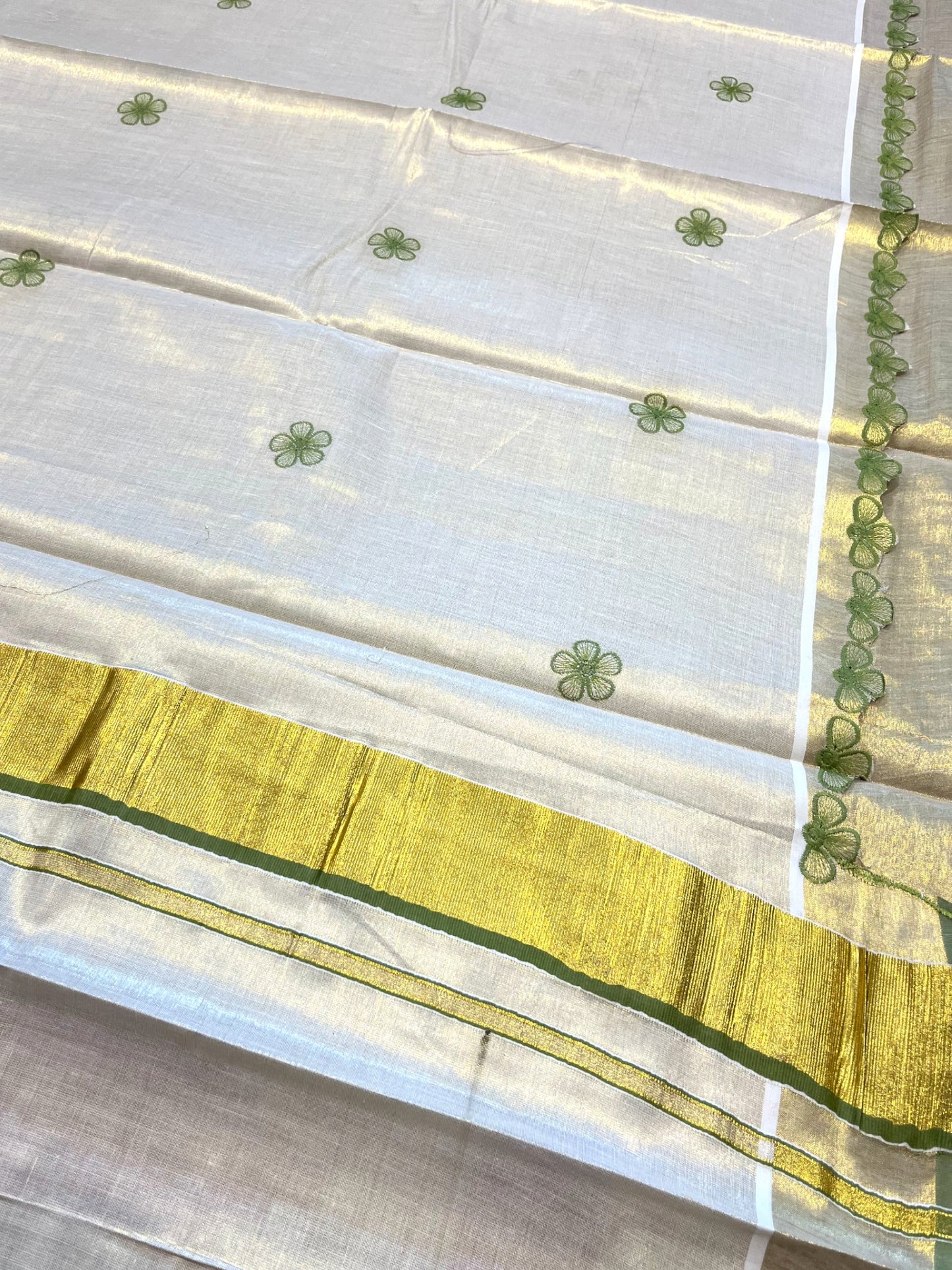 Southloom Kerala Tissue Kasavu Saree with Olive Green Floral Embroidery on Body and Border