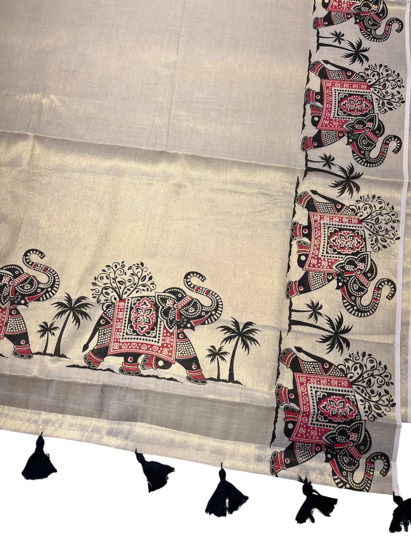 Southloom Kerala Tissue Kasavu Saree With Elephant Design on Borders