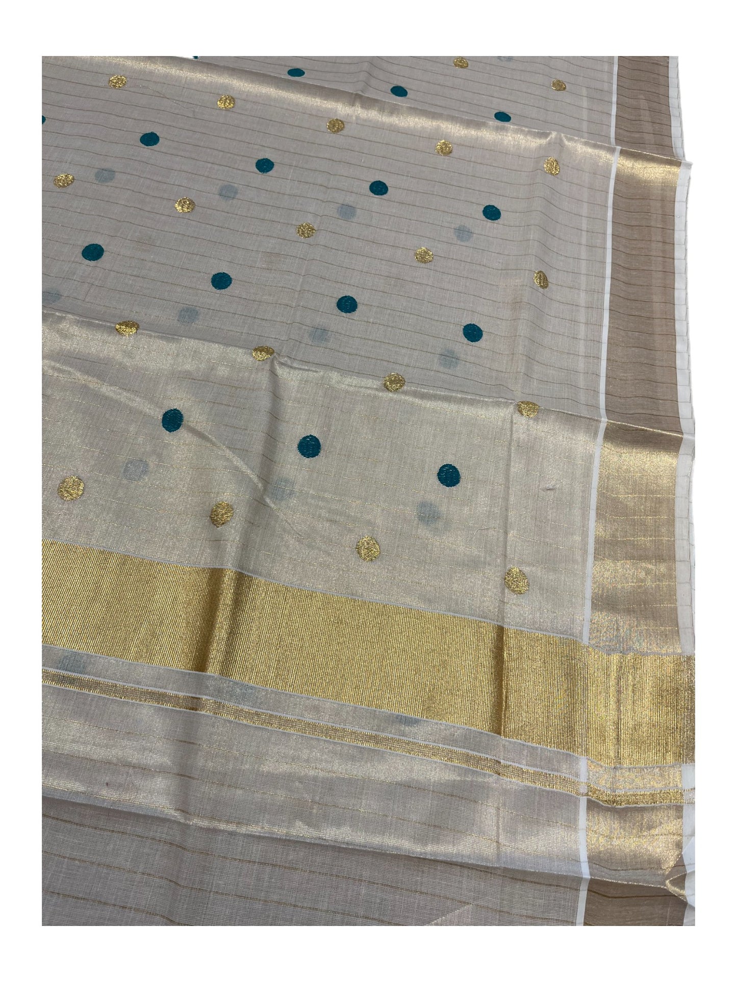 Southloom Kerala Tissue Kasavu Saree with Gold& Green Polka Embroidery Works on Body