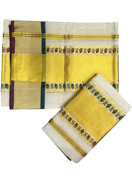 Southloom Premium Tissue Handloom Set Mundu with Green & Maroon Leaf Woven Desgin And Gold Kasavu Border (2.80 Mtr) SL632