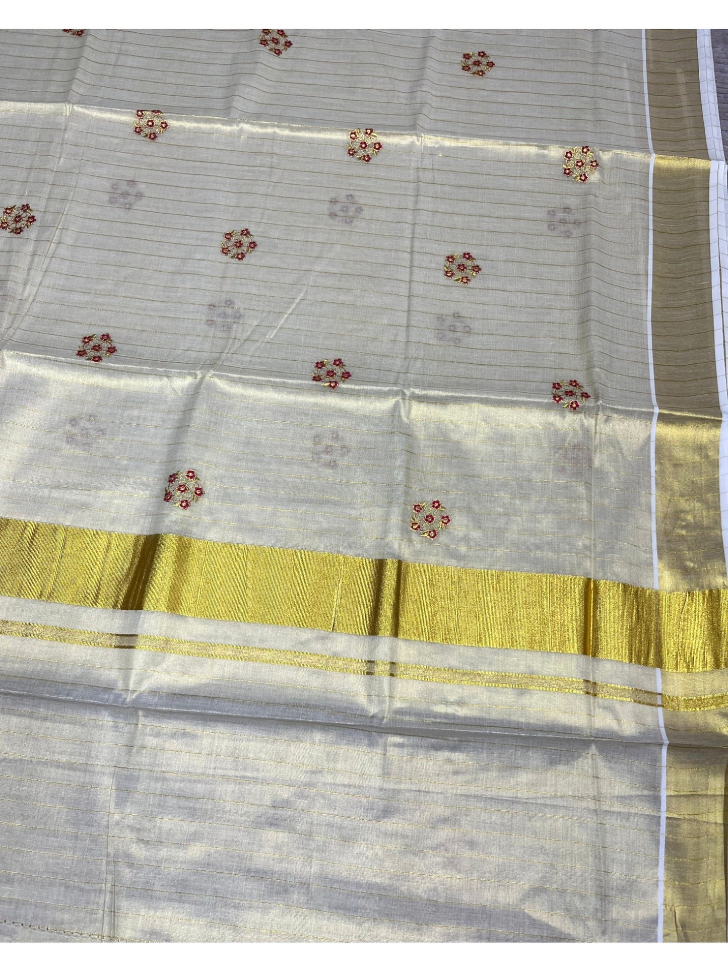 Southloom Kerala Tissue Kasavu Lines Saree with Pink Floral Embroidery Design on Body