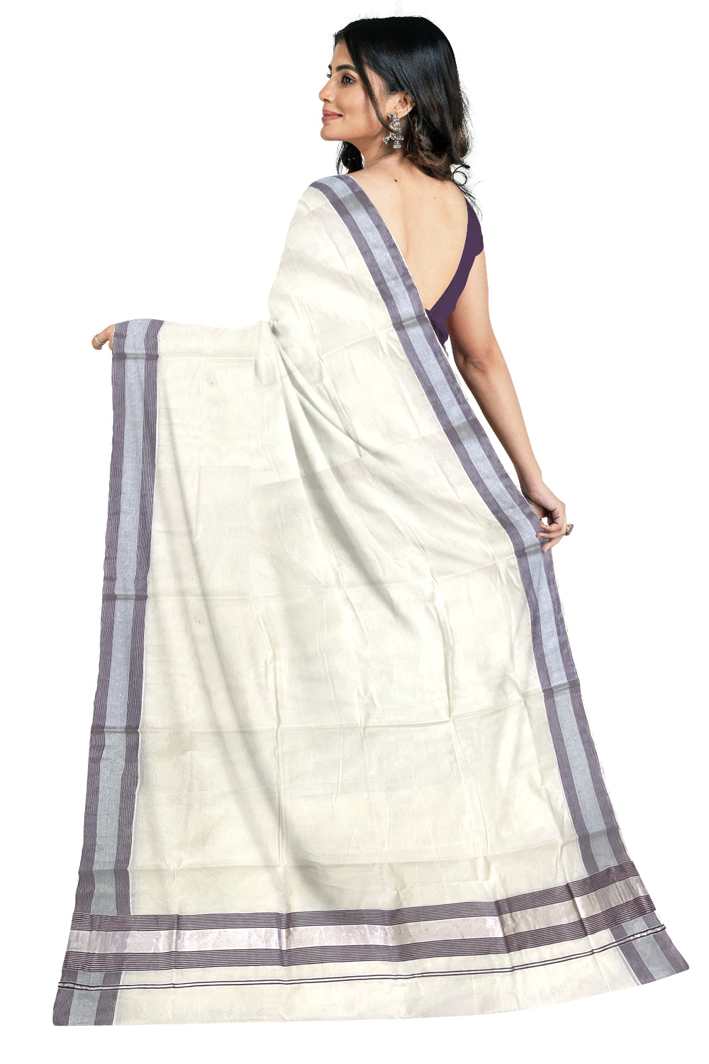 Pure Cotton Kerala Saree with Silver Kasavu and Purple Line Border (Onam Saree 2023)