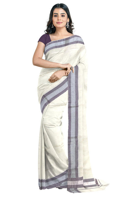 Pure Cotton Kerala Saree with Silver Kasavu and Purple Line Border (Onam Saree 2023)