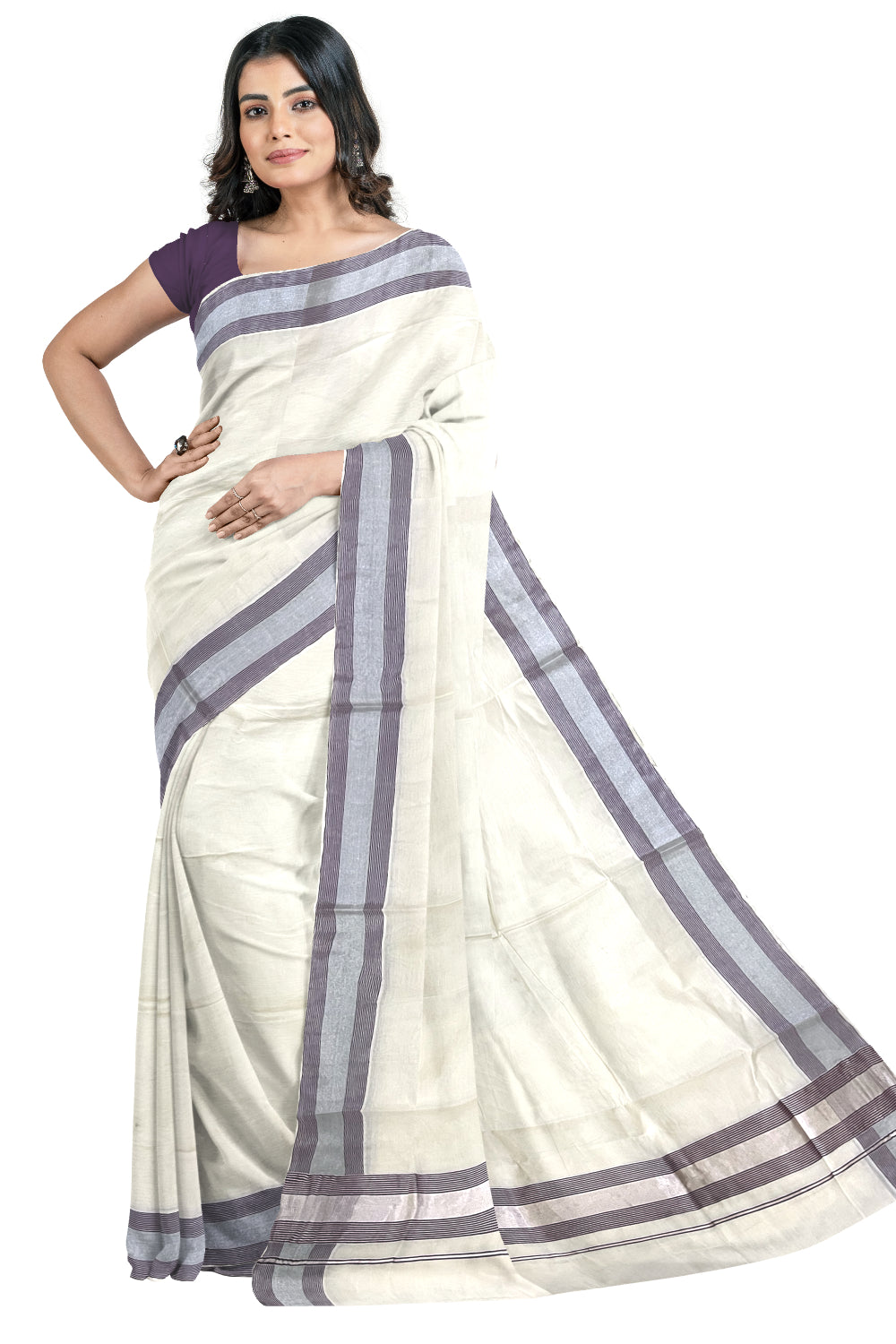 Pure Cotton Kerala Saree with Silver Kasavu and Purple Line Border (Onam Saree 2023)