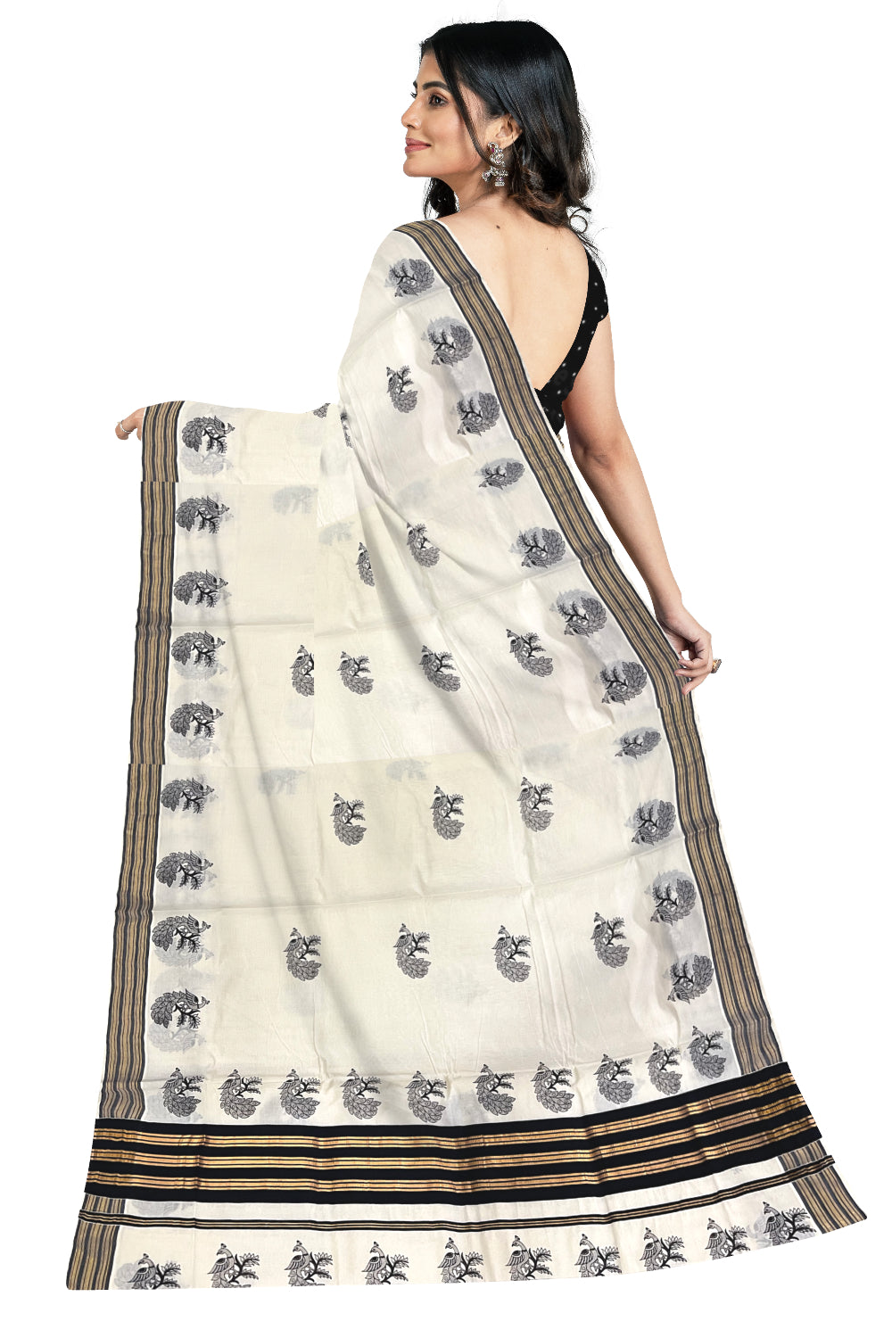 Pure Cotton Kerala Kasavu Saree with Peacock Block Printed Black Border (Onam Saree 2023)