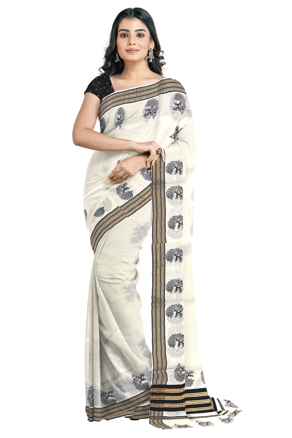 Pure Cotton Kerala Kasavu Saree with Peacock Block Printed Black Border (Onam Saree 2023)