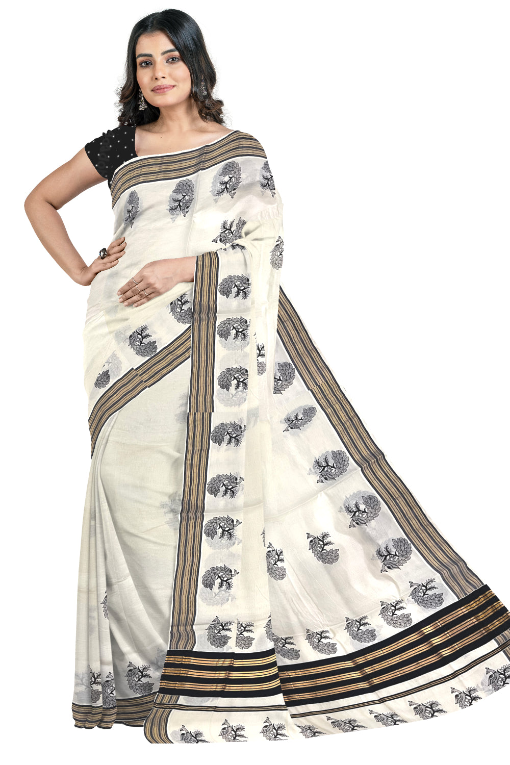 Pure Cotton Kerala Kasavu Saree with Peacock Block Printed Black Border (Onam Saree 2023)