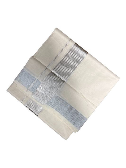 Southloom Pure Cotton Double Mundu With Silver Lines & Silver Kasavu Border (South Indian Kerala Dhoti)