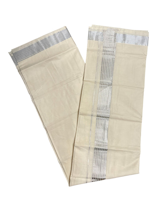 Southloom Pure Cotton  Double Mundu With Silver Lines & Silver Kasavu Border (South Indian Kerala Dhoti)