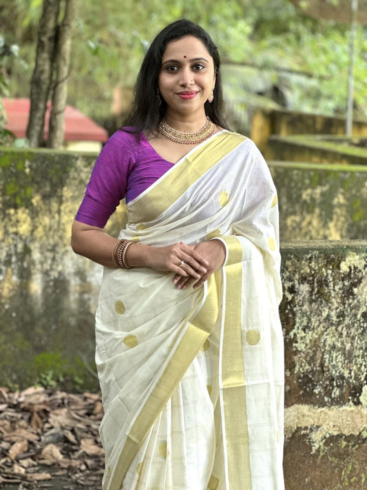 Southloom Showstopper Polka Dot Handloom Finish Kasavu Saree