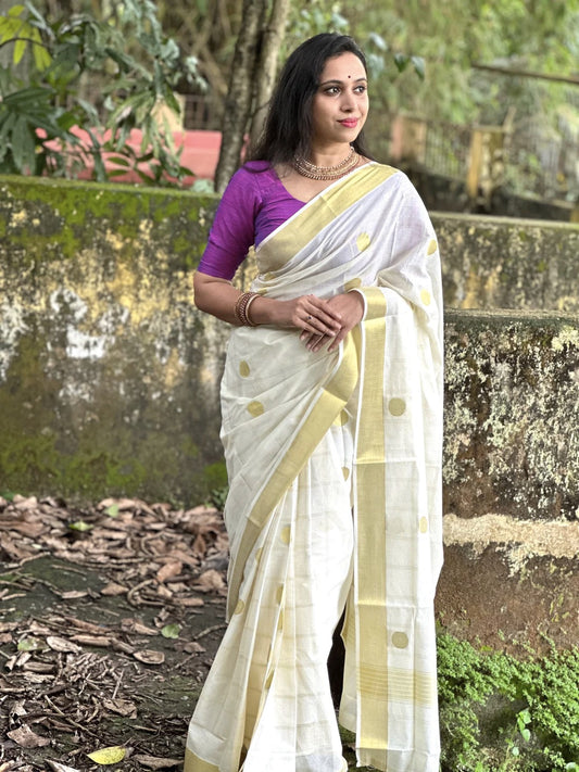 Southloom Showstopper Polka Dot Powerloom Finish Kasavu Saree