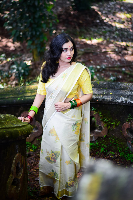 Kerala Tissue Digital Print Single Set Mundu (Mundum Neriyathum) with Floral Design
