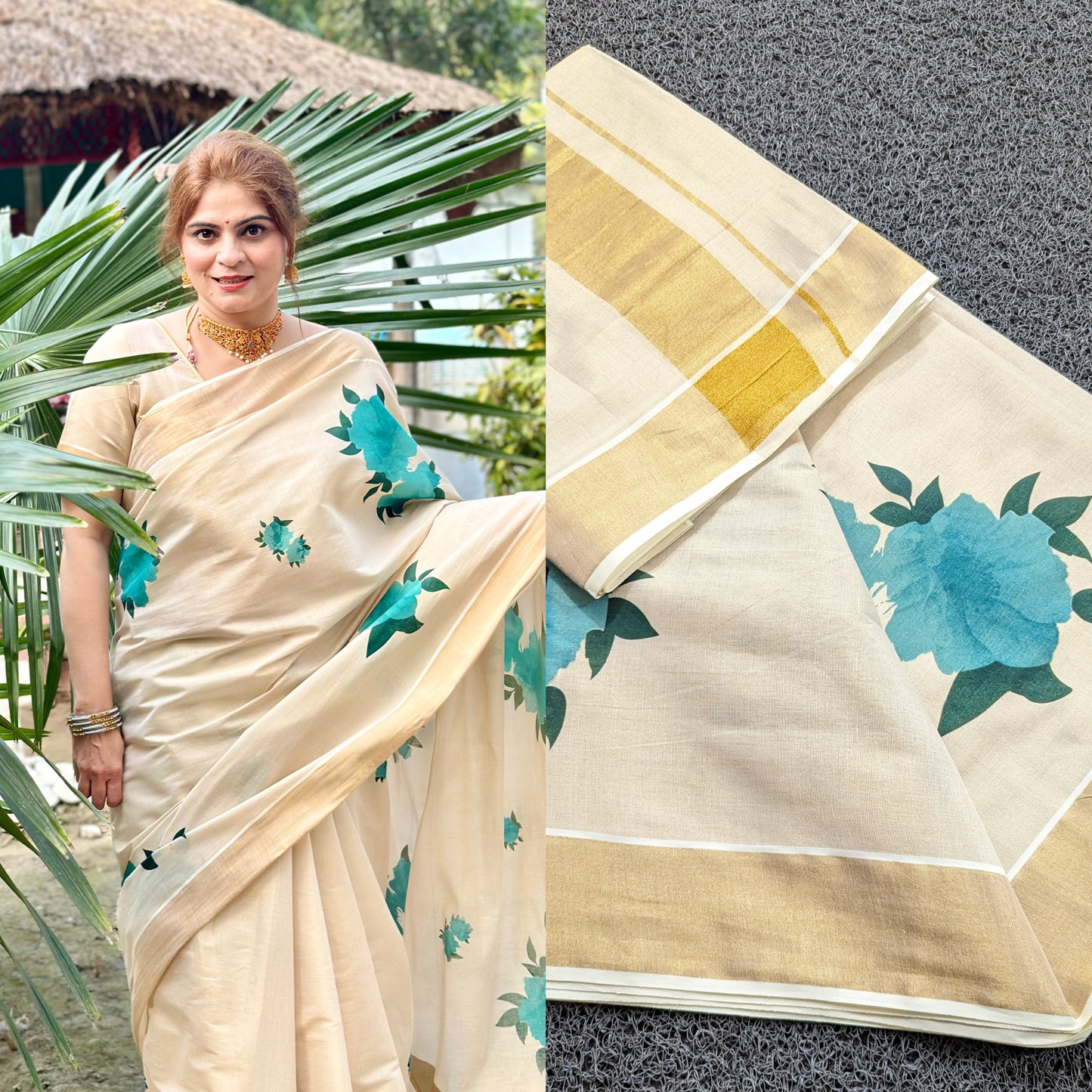 Kerala Tissue Digital Print Saree with Blue Floral Designs