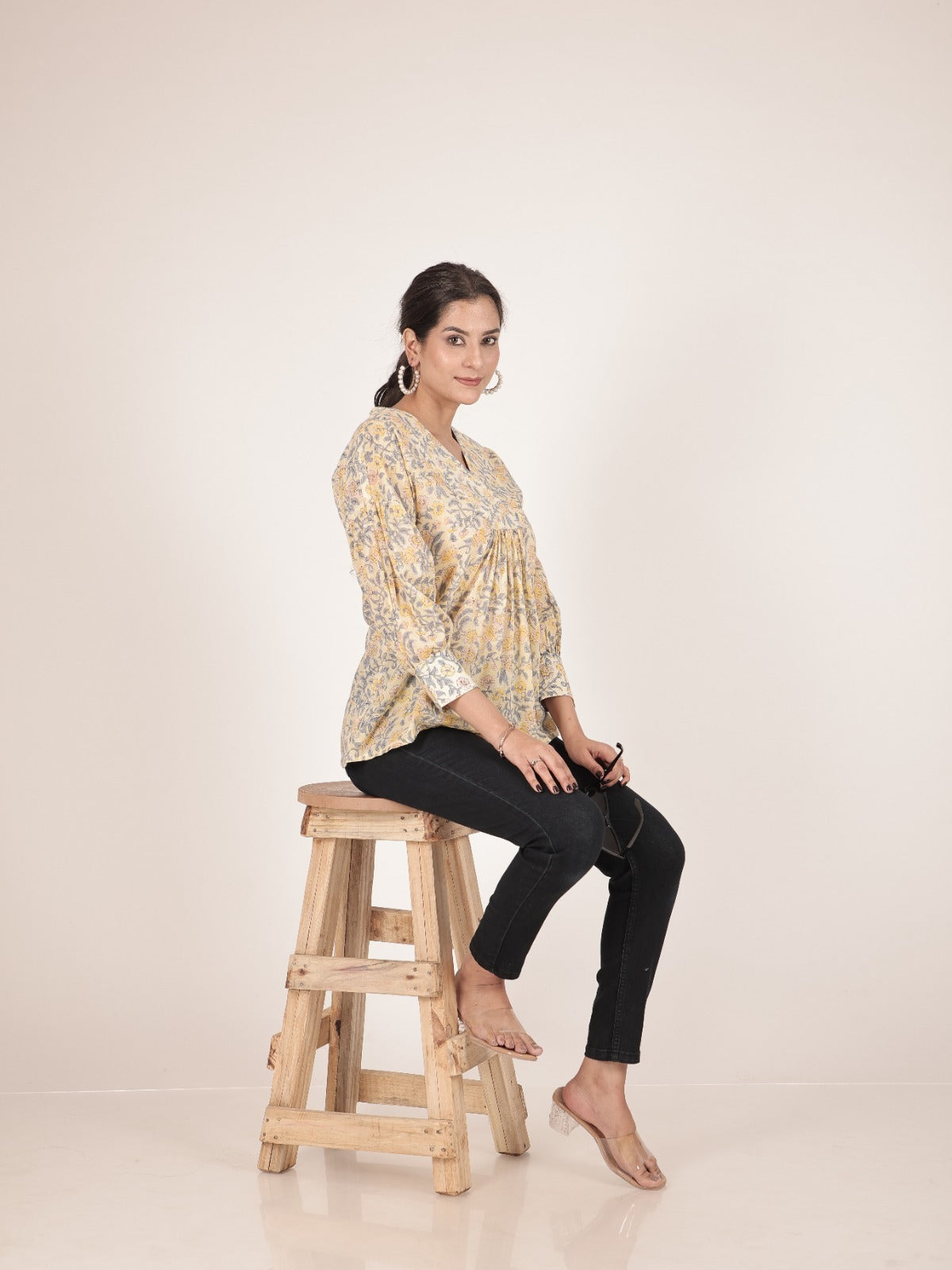 Southloom Jaipur Cotton Floral Hand Block Printed V Neck Top