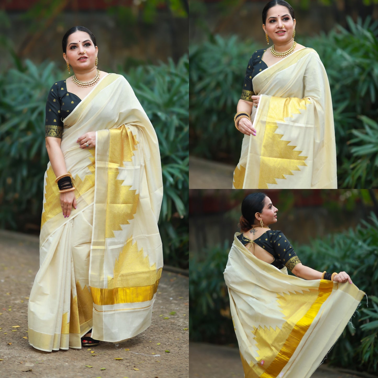 Kerala Tissue Kasavu Saree With Heavy Temple Woven Works on Border